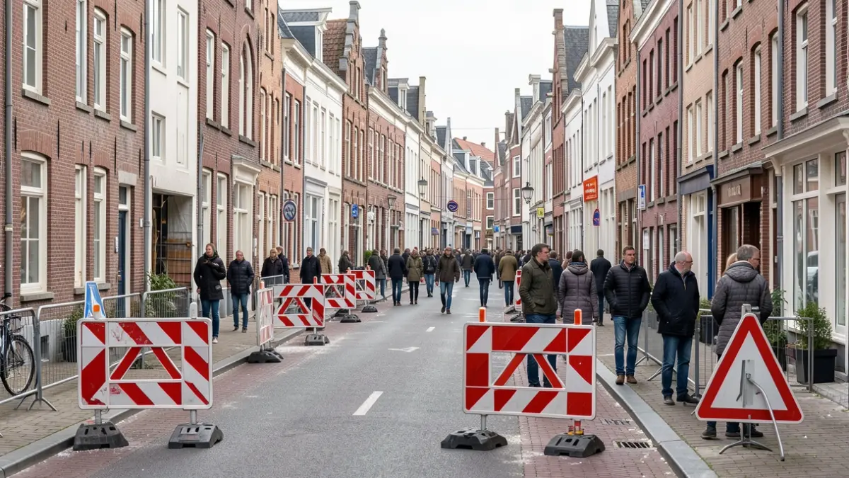 Image of a closed street in Tienen with traffic signs and construction barriers.