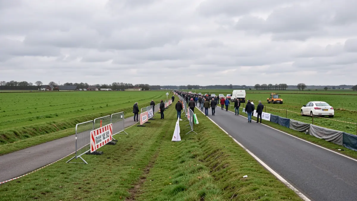 Een tijdelijk veldritparcours wordt aangelegd op grasvelden langs een weg met bouwhel. Typisch Vlaams landschap met bewolkte hemel.