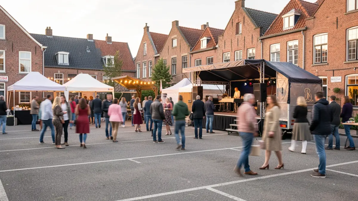 Een levendige buitenruimte op een parking met een mobiel podium en tenten, op de achtergrond wazige figuren van mensen die samenkomen. De scène speelt zich af in een Vlaamse stad met traditionele bakstenen architectuur. Warme, uitnodigende sfeer.