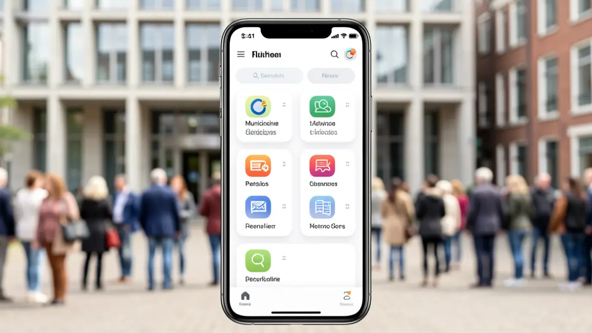 Generic image of a smartphone displaying a municipal services app interface, with a Flemish town hall facade in the background.
