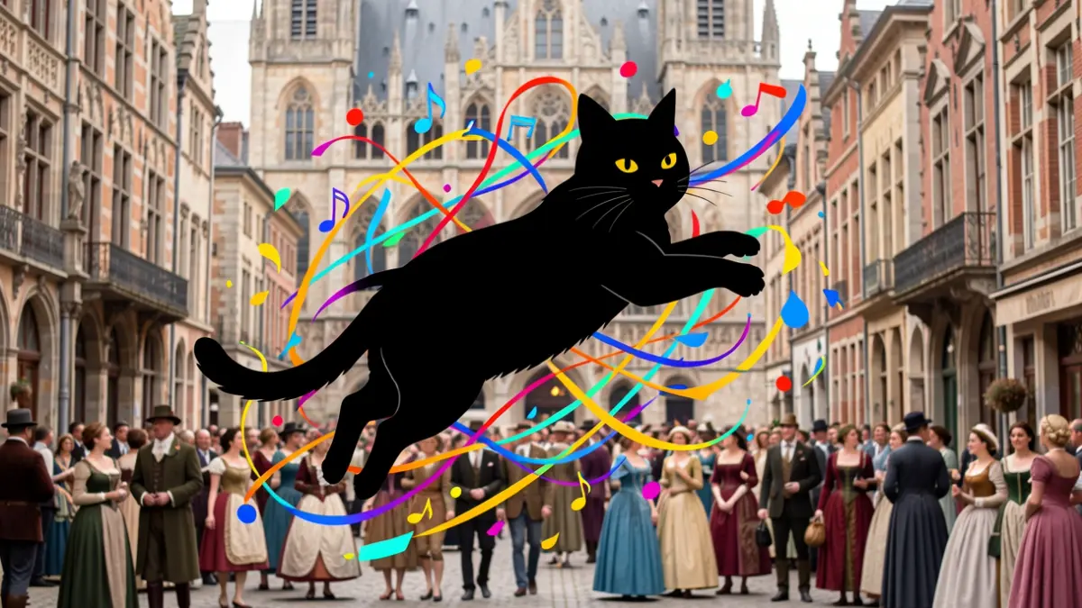 Generic image of a leaping black cat with colorful abstract shapes suggesting movement and festivity, against a backdrop of historic Flemish architecture.