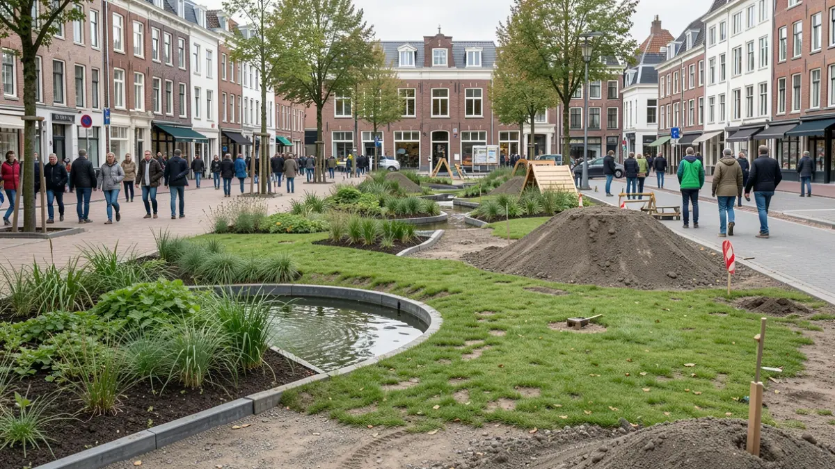Generieke afbeelding van een bouwplaats van een dorpsplein met groenvoorzieningen en speelelementen.