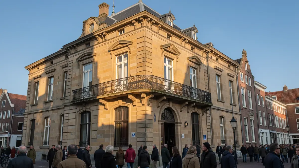 Generic image of a traditional town hall facade with an ornate balcony and iron railings, in warm afternoon sunlight, with a blue sky. Flemish architectural style.