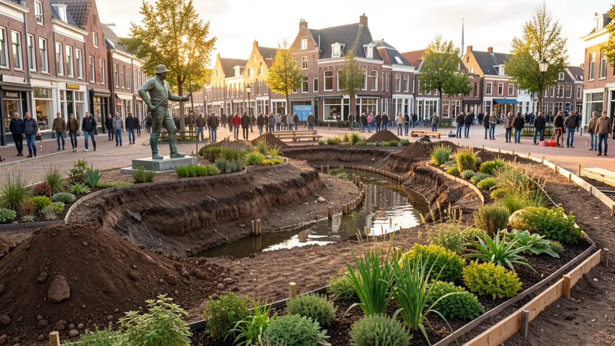 Construction work on a town square in Flanders, featuring a landscaped riverbed and a bronze statue.