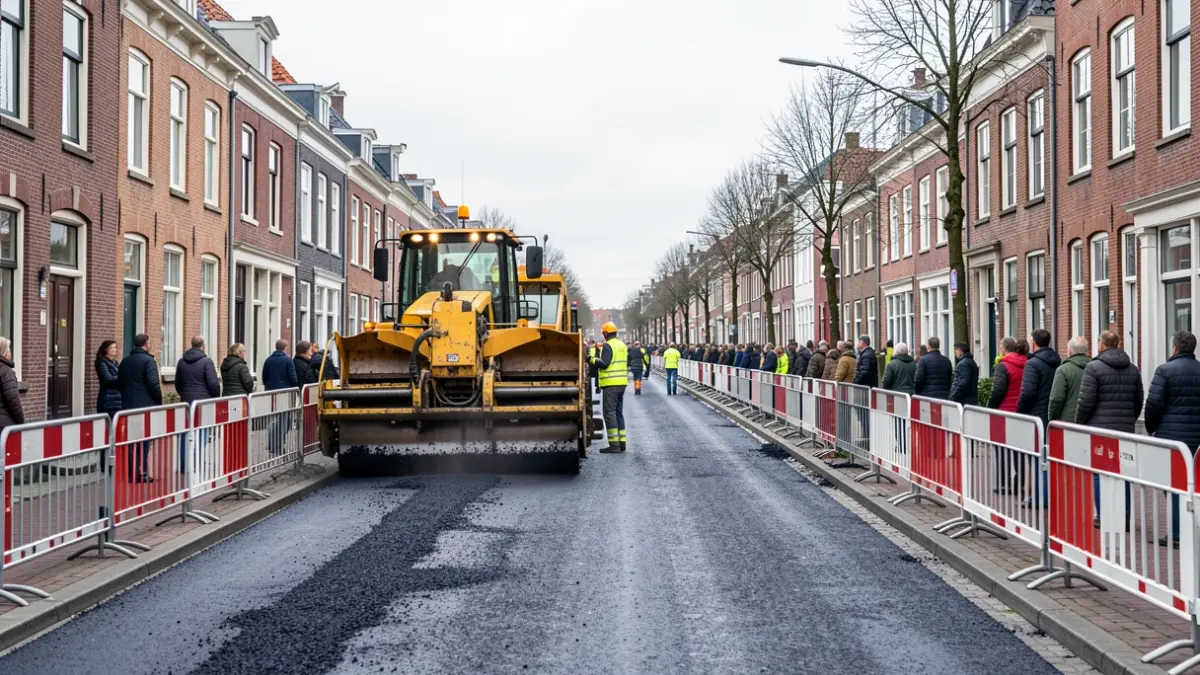 Wegenwerken aan de gang in een Vlaamse straat met asfaltfreesmachines en afzettingen.