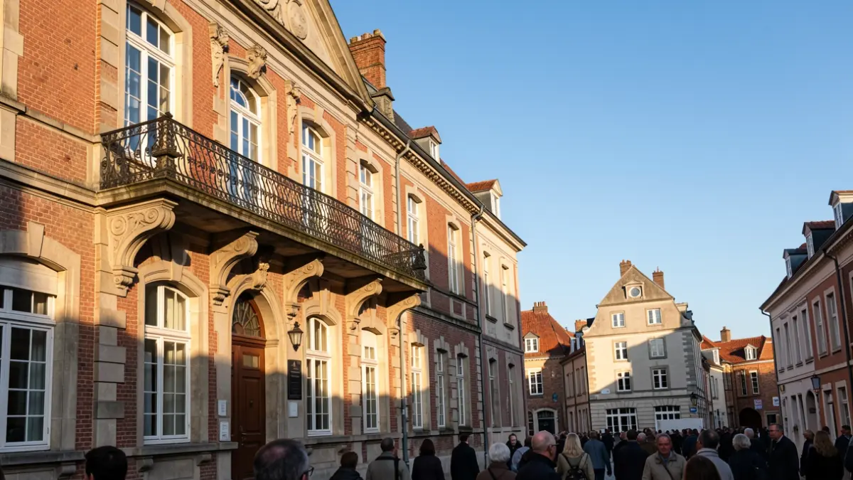 Generic image of a Flemish town hall facade with an ornate balcony and iron railings, in warm afternoon light.
