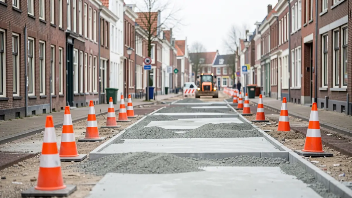 Generieke afbeelding van wegenwerken in een Vlaamse gemeente met oranje kegels en beton.