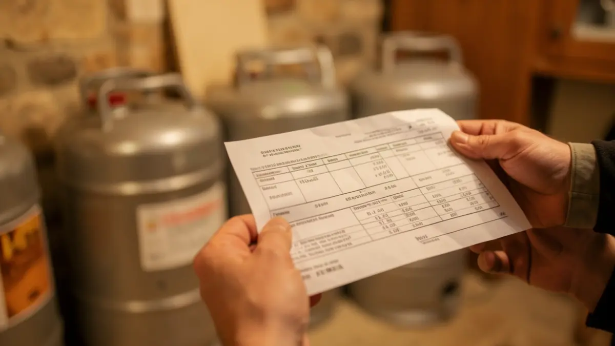 Generic image of a hand holding an invoice, with heating oil canisters in the background.