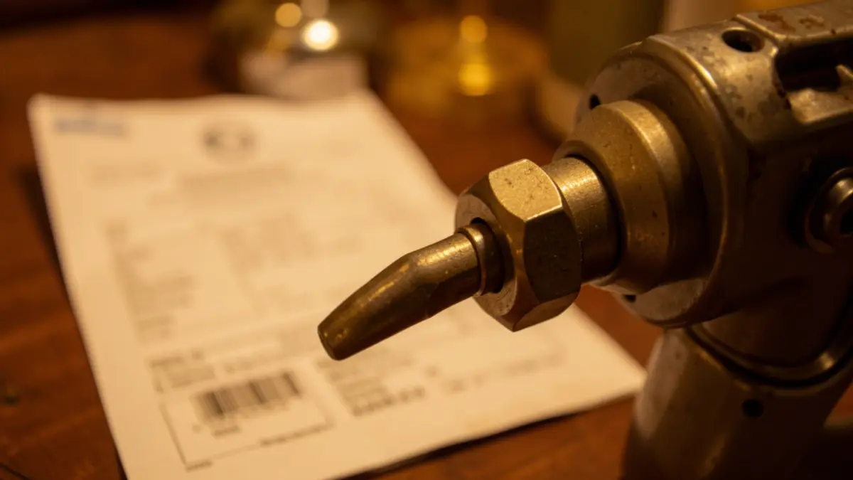 Generic image of a heating oil nozzle with a blurred invoice in the background.