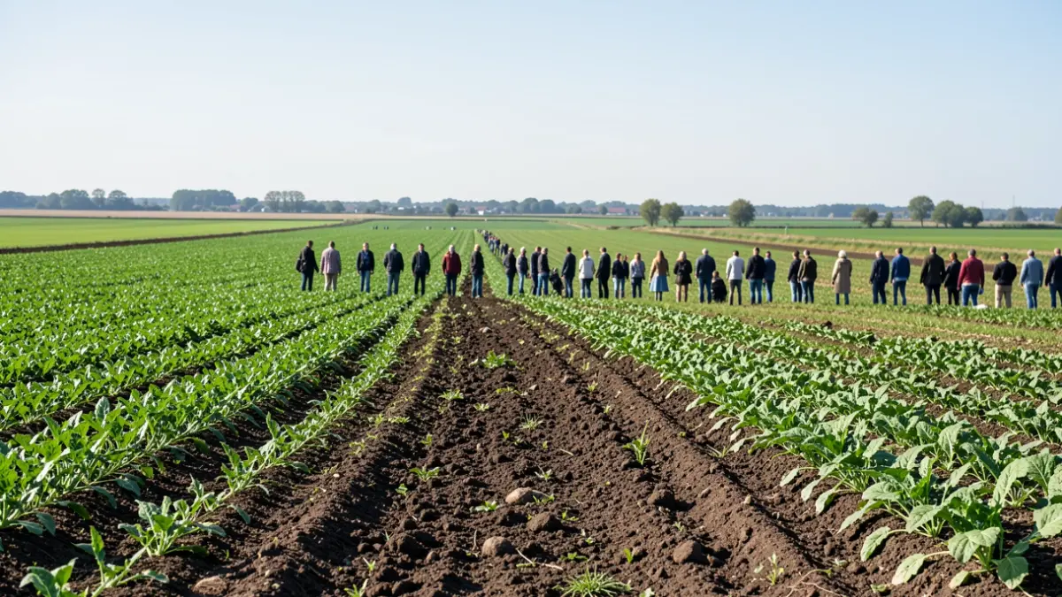 Een groen landbouwveld in Vlaanderen met rijke bodem en een hint van koolstofopslagtechnologie.