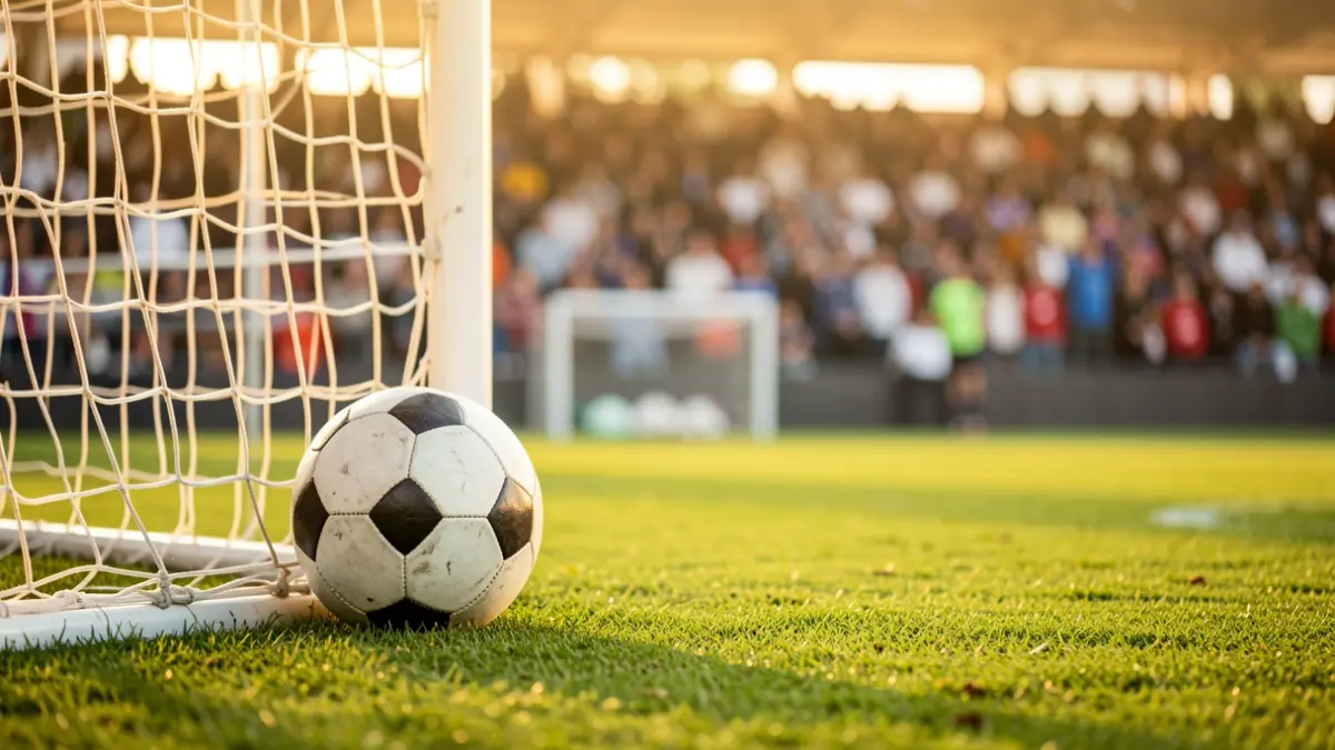 Generic image of sports equipment like a soccer ball and goal net on green grass, with soft golden hour light and a blurred background of a stadium.