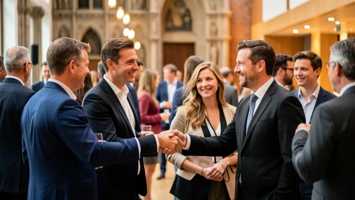 Generieke afbeelding van een receptie met ondernemers in een moderne zaal met Vlaamse architectuurelementen op de achtergrond.