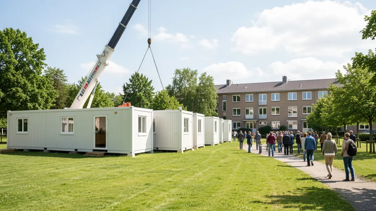Generieke afbeelding van modulaire woonunits die met een kraan worden geplaatst op een groen terrein bij een zorggebouw.