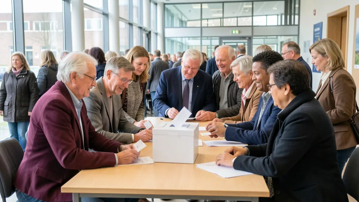Groep inwoners die stemmen over gemeentenaam in gemeentehuis.