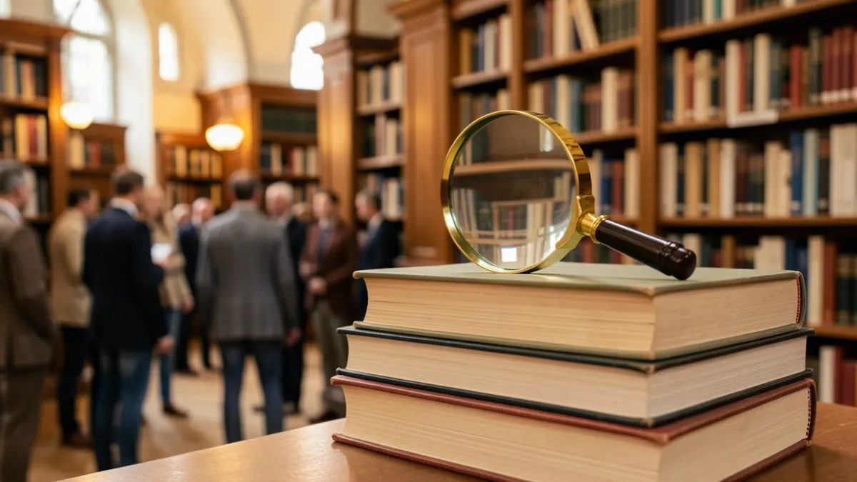 Generieke afbeelding van een stapel boeken met een vergrootglas erop, symbolisch voor onderzoek en ontdekking. Zachte, warme verlichting.