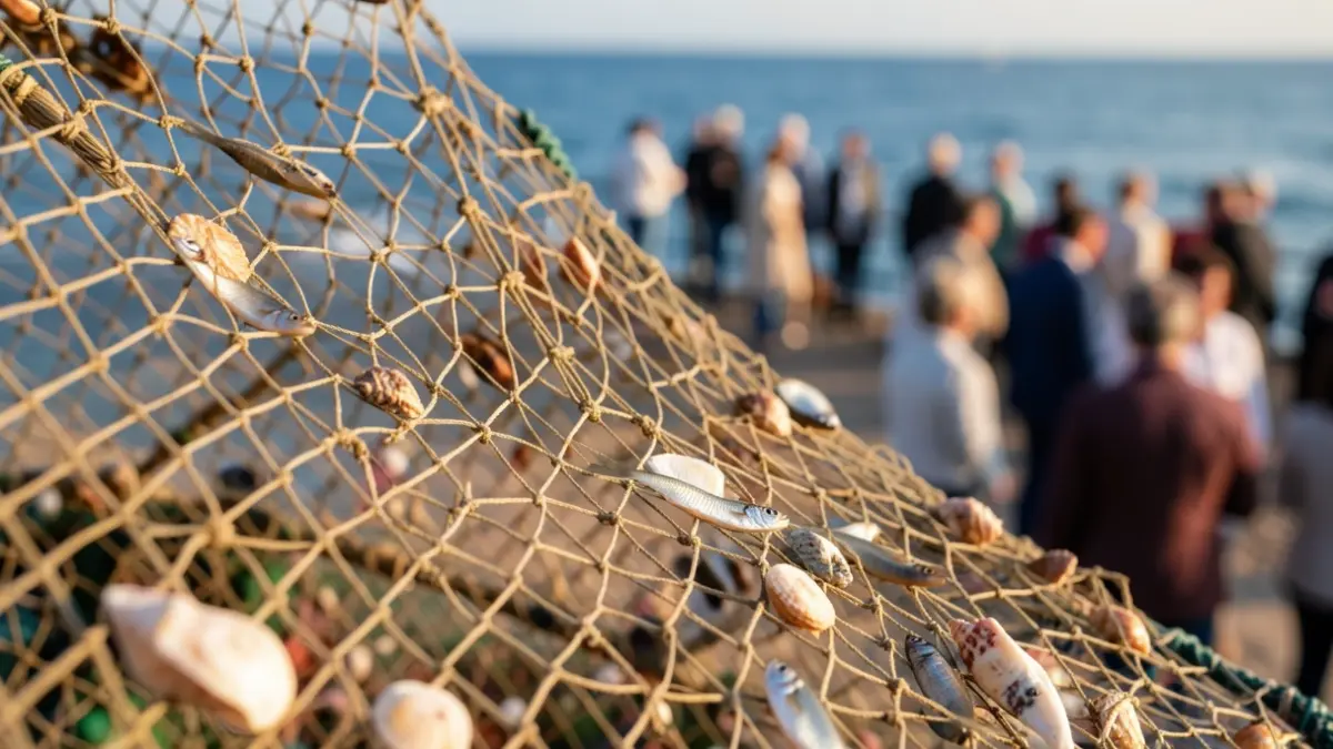 Generic image of a fishing net with small fish and seashells, with blurred blue ocean water in the background.