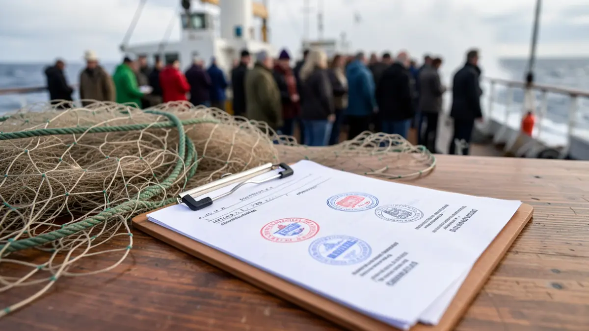 Generic image of fishing nets and a clipboard with stamps on a wooden table. The background shows a blurred ship's deck with sea spray.