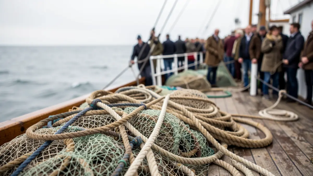 Generieke afbeelding van visnetten en touwen op een houten dek van een boot, met de zee op de achtergrond.