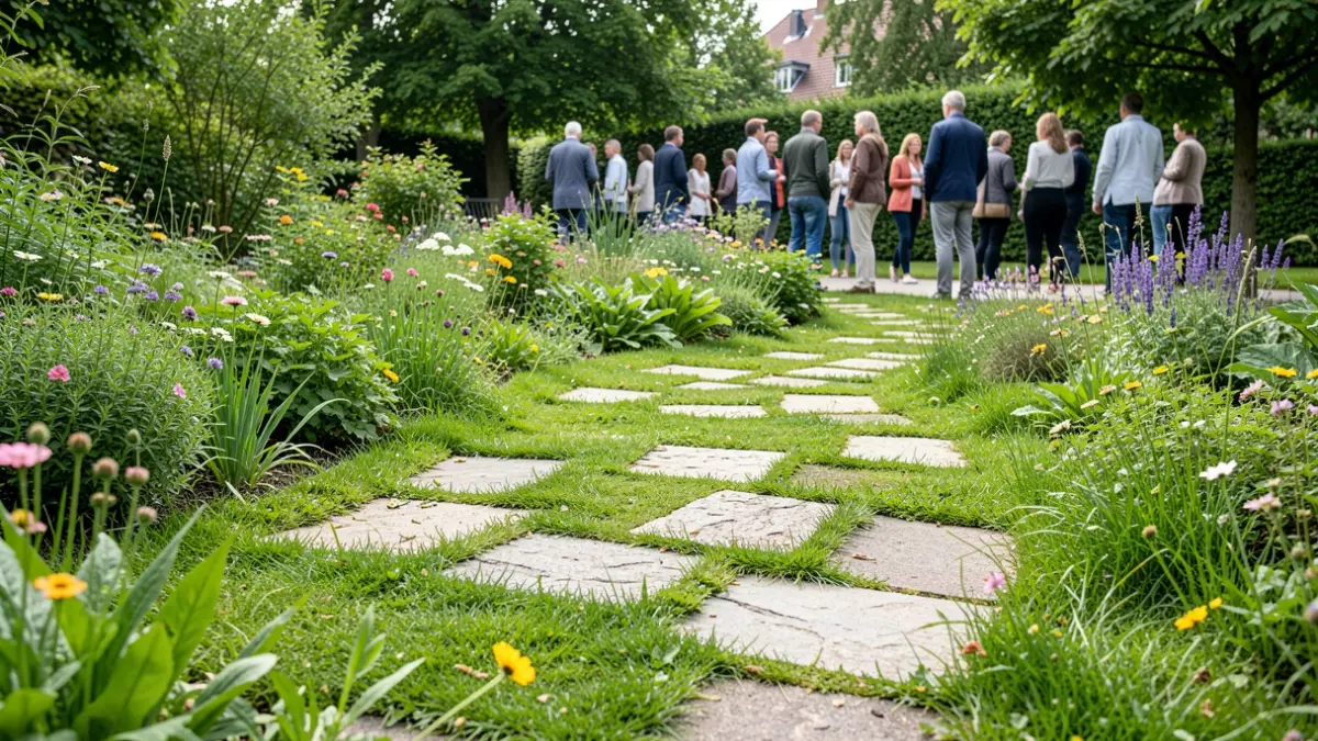A green garden where paving stones have been replaced by grass and flowers, symbolizing the Flemish Paving Stone Flipping Championship.