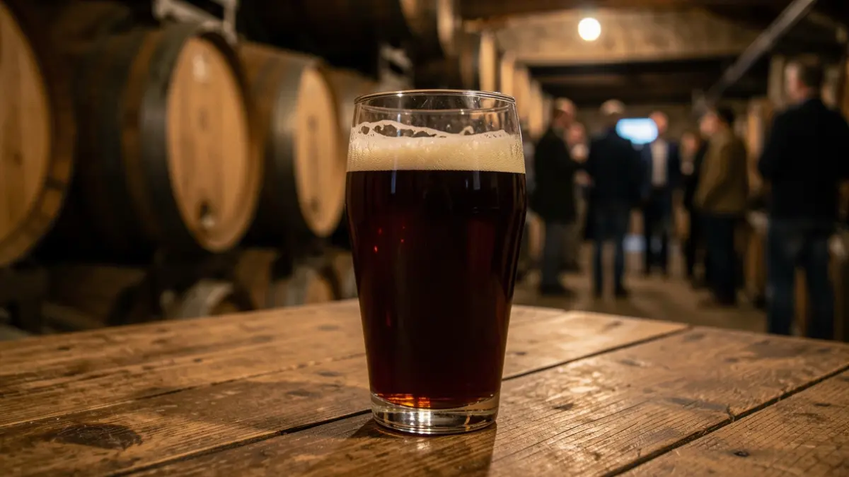 A glass of Flanders Red Ale beer on a wooden table with oak foeders in the background.