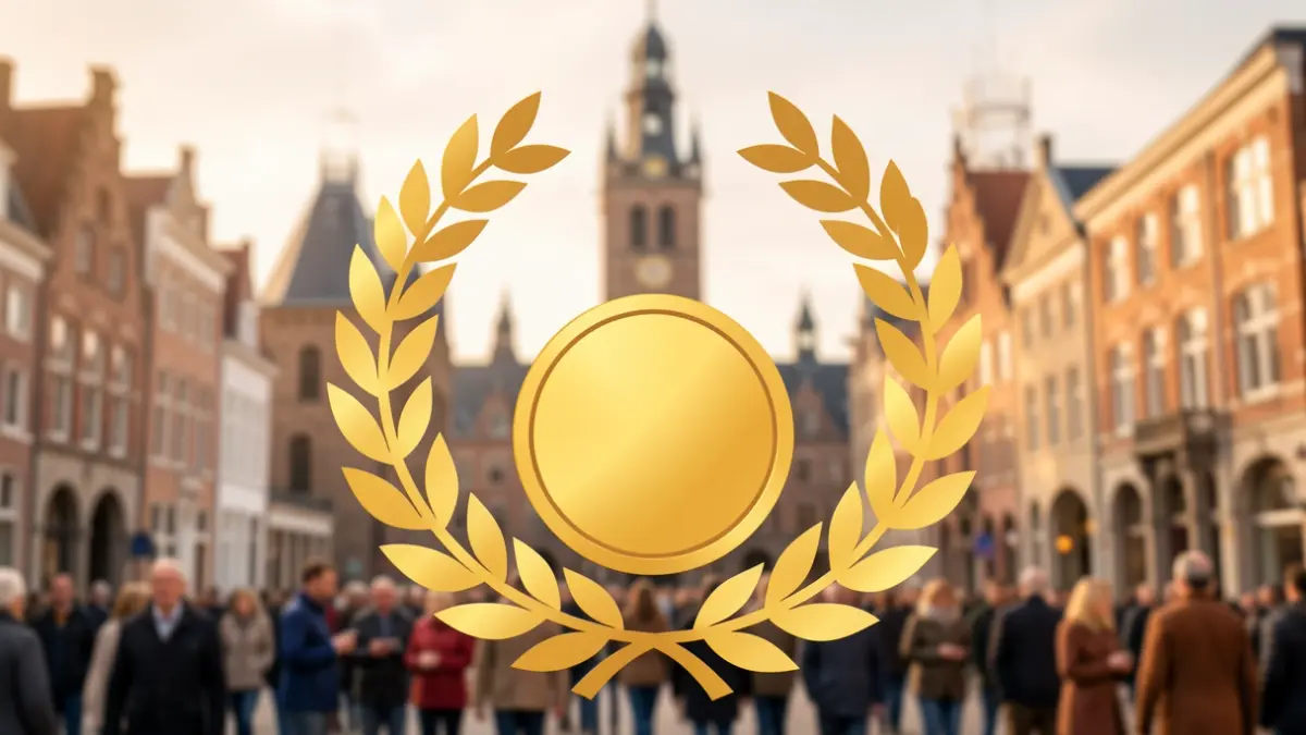 Generieke afbeelding van een gouden sportmedaille met een lauwerkrans op de achtergrond van een vervaagde Vlaamse architectuur.