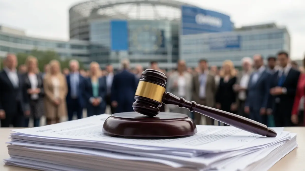 Generieke afbeelding van een gerechtsdeurwaarder die op een stapel officiële documenten rust, met op de achtergrond het Europees Parlement. Zacht, diffuus licht.