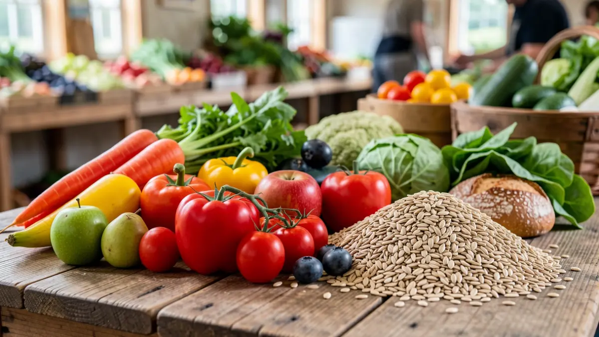 Generieke afbeelding van een selectie van verse, gezonde voedingsmiddelen zoals kleurrijke groenten, fruit en volle granen, artistiek gerangschikt op een rustieke houten tafel, met een wazige achtergrond die een boerderij- of marktsetting in Vlaanderen suggereert, zacht natuurlijk licht.