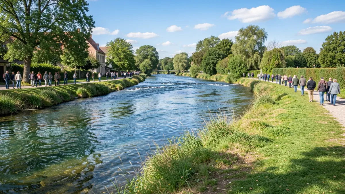 Generieke afbeelding van een stromende rivier met helder water dat een blauwe hemel en groene oevers weerspiegelt, symbool voor milieugezondheid en beleid.