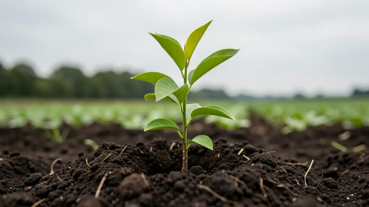 Generic image of a young fruit tree sapling in Flemish soil, with an agricultural field in the background.