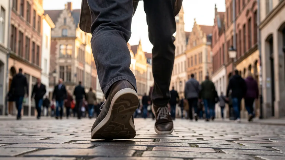 Voetgangers die op een pad lopen in een Belgische stad, met vage historische gebouwen op de achtergrond.