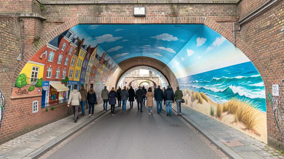 Generic image of a pedestrian tunnel featuring a colorful mural depicting the transition from city to sea.