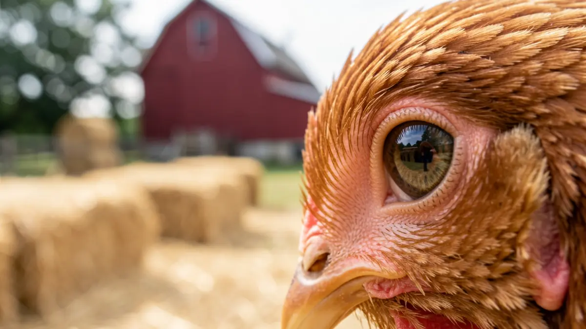 Gedetailleerde close-up van het oog van een kip, met een wazige achtergrond van een boerenerf met hooibalen en een rode schuur.