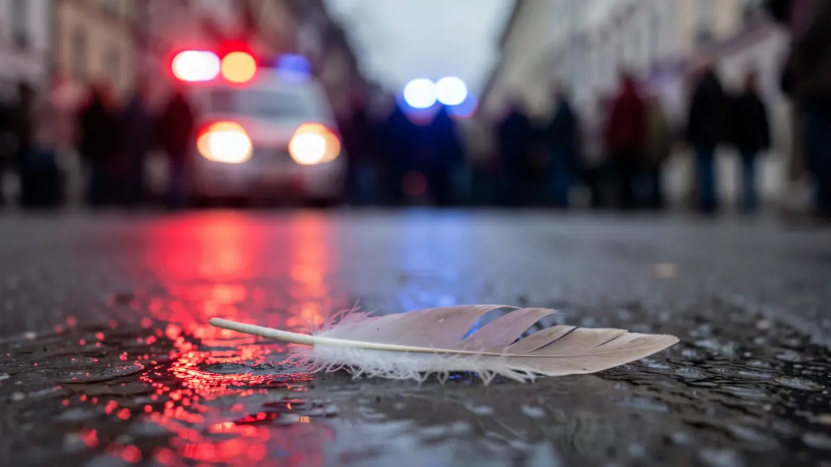 Close-up of a single feather on a dark, wet surface with blurred red and blue emergency lights in the background.