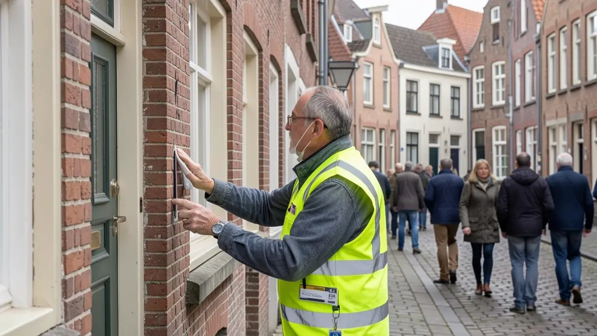 Generic image of a worker in a fluorescent safety vest examining the facade of a house on a Flemish street with typical architecture.