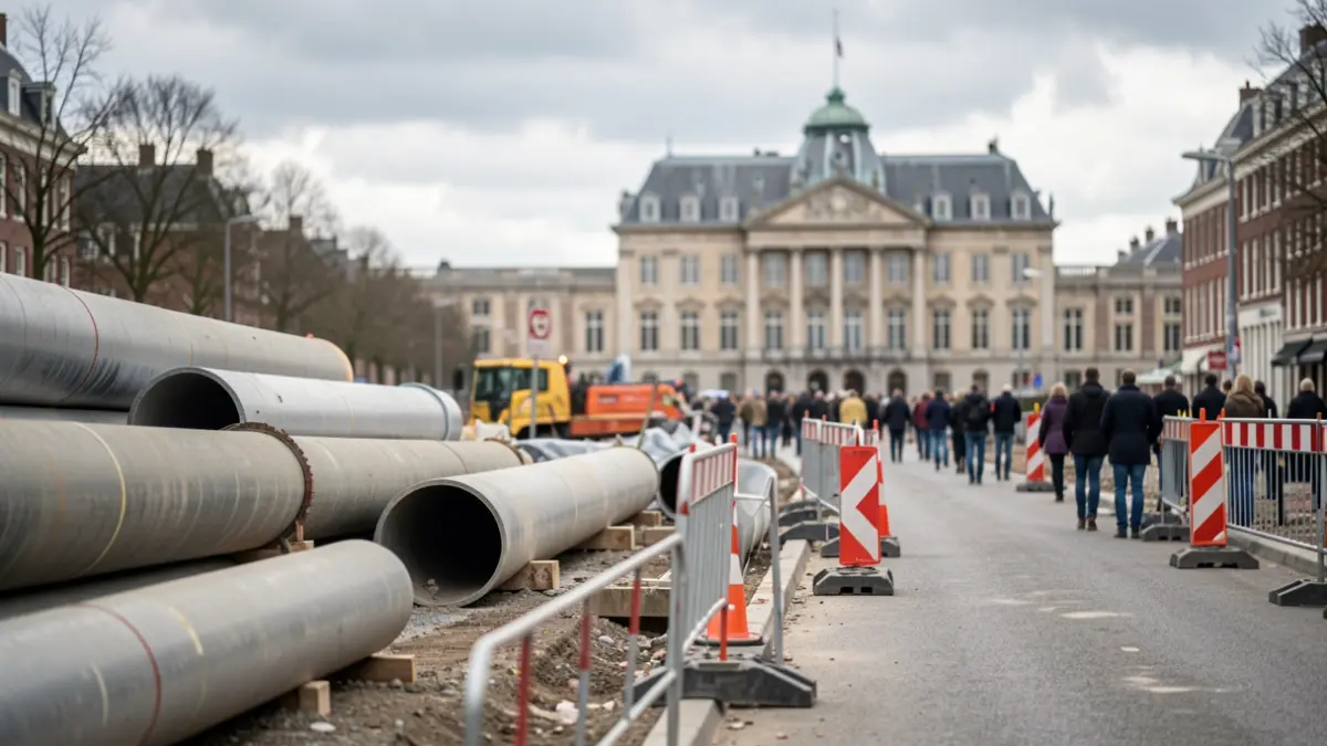 Generieke afbeelding van een bouwplaats met grote buizen en barrières op een weg in Vlaanderen, met een vervaagde gevel van een stadhuis op de achtergrond onder een bewolkte hemel.