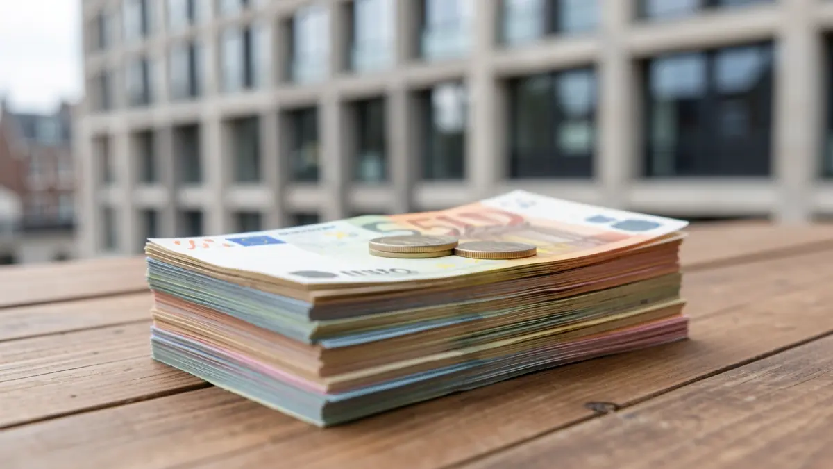 Generieke afbeelding van Vlaamse euro's op een houten tafel met een vage achtergrond van een modern gebouw.