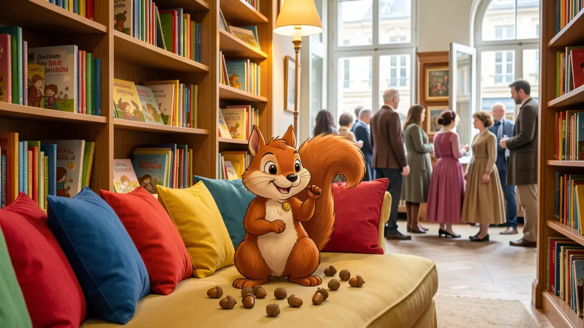 Een gezellige kinderbibliotheekhoek met kleurrijke kussens en boekenplanken. Een vriendelijk eekhoornpersonage in een speelse, licht vergeetachtige pose, omringd door eikels. Zachte, warme verlichting, illustratiestijl.