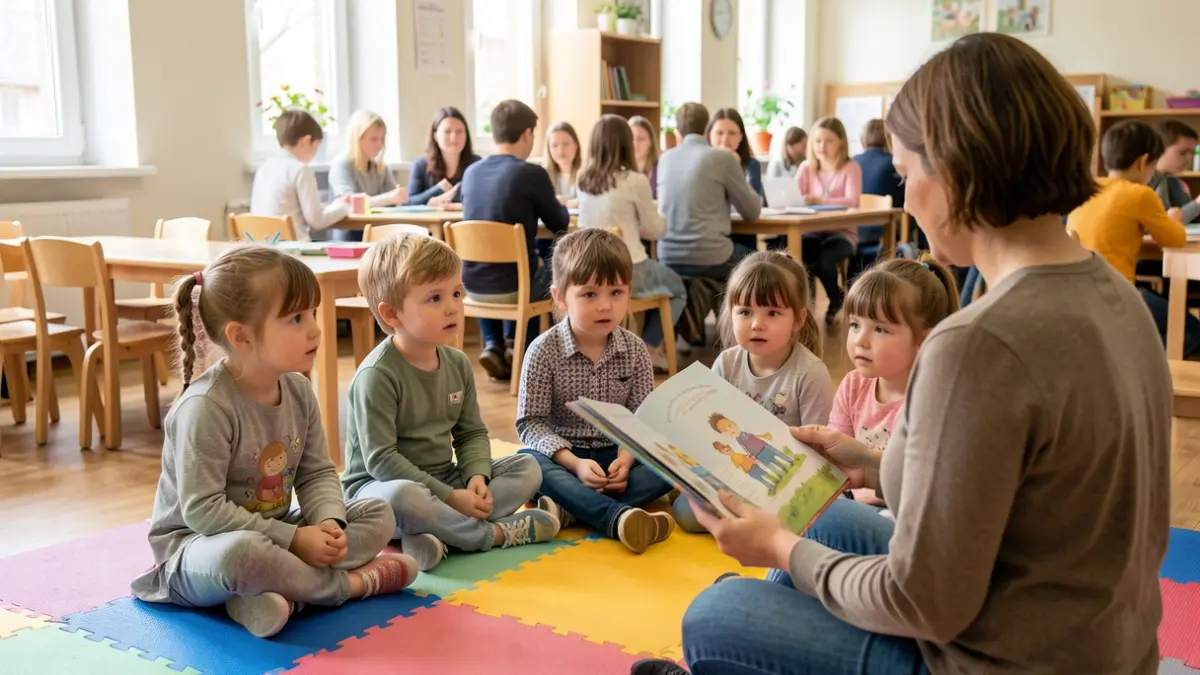 Kinderen luisteren aandachtig naar een voorleesmoment in de klas.