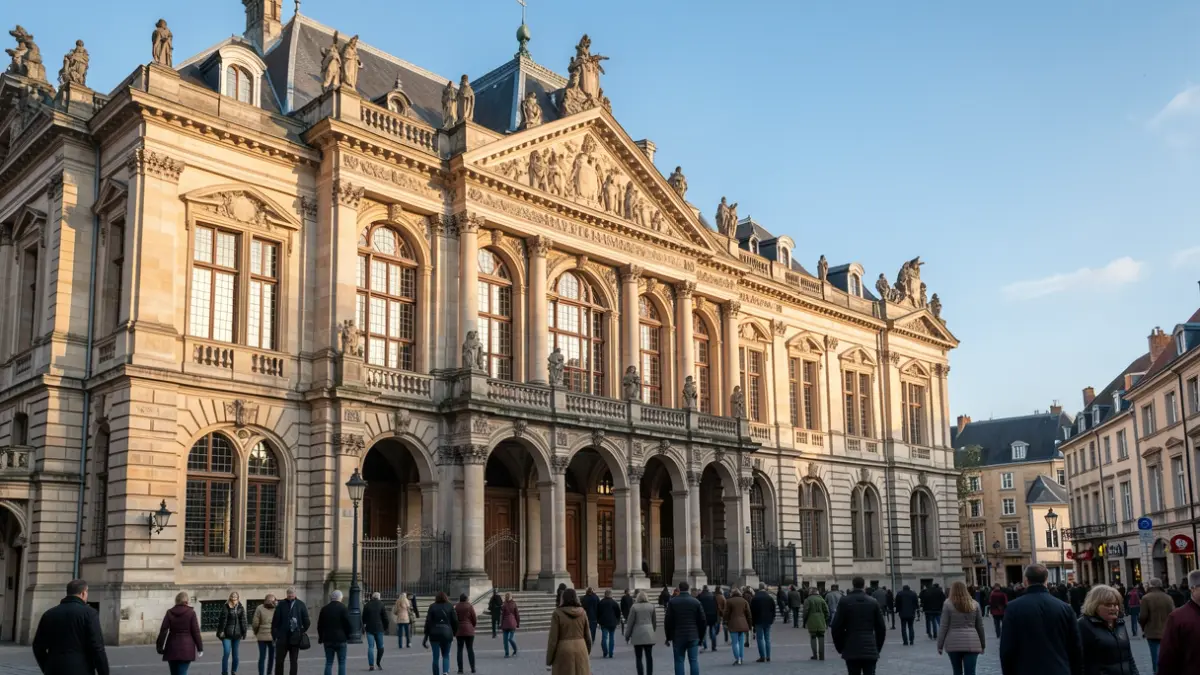 Generieke afbeelding van een Vlaamse stadhuisgevel met sierlijke architectuur, warm zonlicht en blauwe lucht.