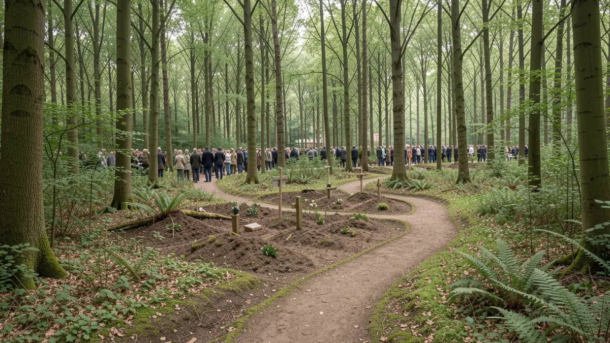 Generieke afbeelding van een serene natuurbegraafplaats in een bos in Vlaanderen, met een kronkelend natuurlijk pad dat naar een aangewezen gebied leidt. De scène benadrukt rust en integratie met de natuur, met zacht, diffuus daglicht dat door de bomen filtert. Geen menselijke figuren of kunstmatige structuren zichtbaar.