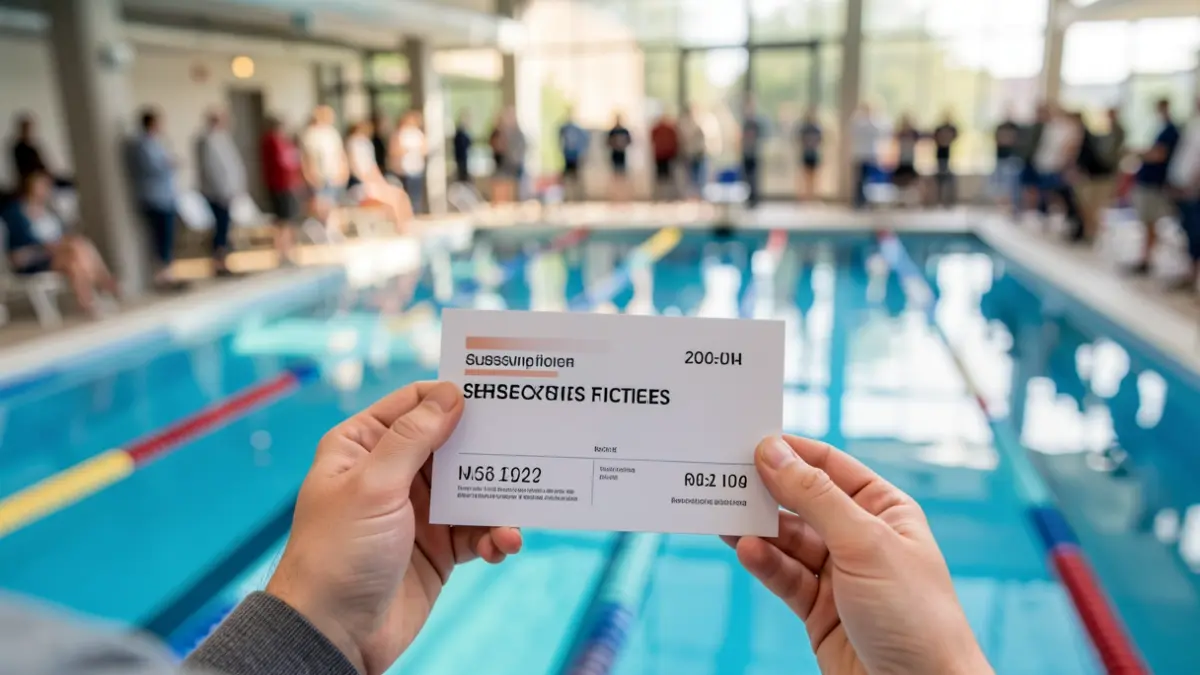 Een hand die een zwembadticket vasthoudt met zwembadbanen op de achtergrond.
