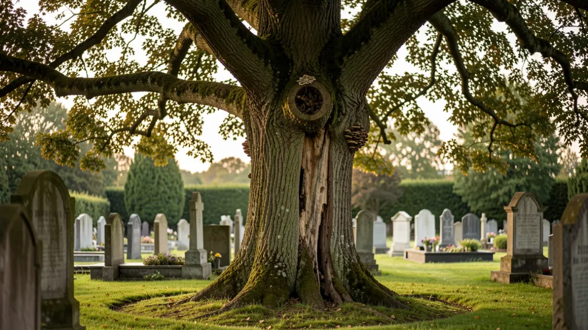 A majestic, old beech tree in a Flemish cemetery, showing signs of weakening and fungal attack.