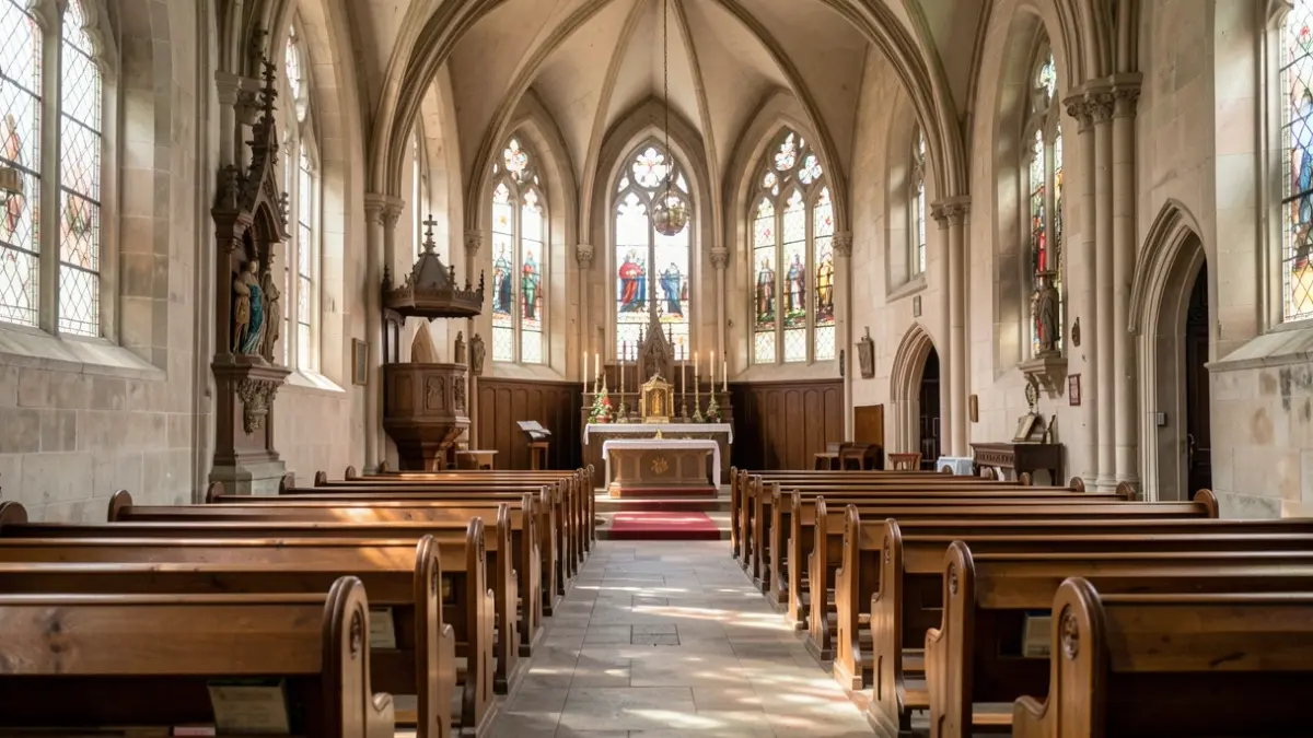 Generic image of the interior of a historic church in Flanders, featuring wooden pews and an altar area, illuminated by soft light filtering through stained glass windows.