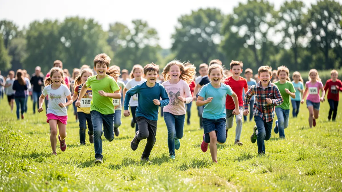 Kinderen rennen tijdens een scholenveldloop in Vosselaar.