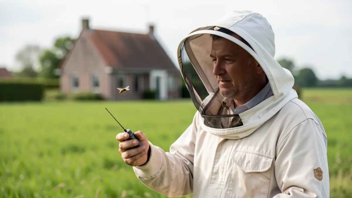 A volunteer beekeeper in protective gear with a transmitter to track Asian hornets in a Flemish rural setting.