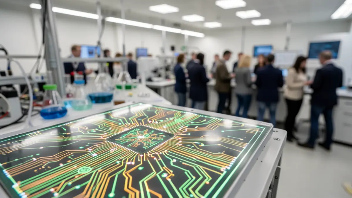 Generic image of a photonic chip with glowing circuits, against a blurred background of a modern laboratory.