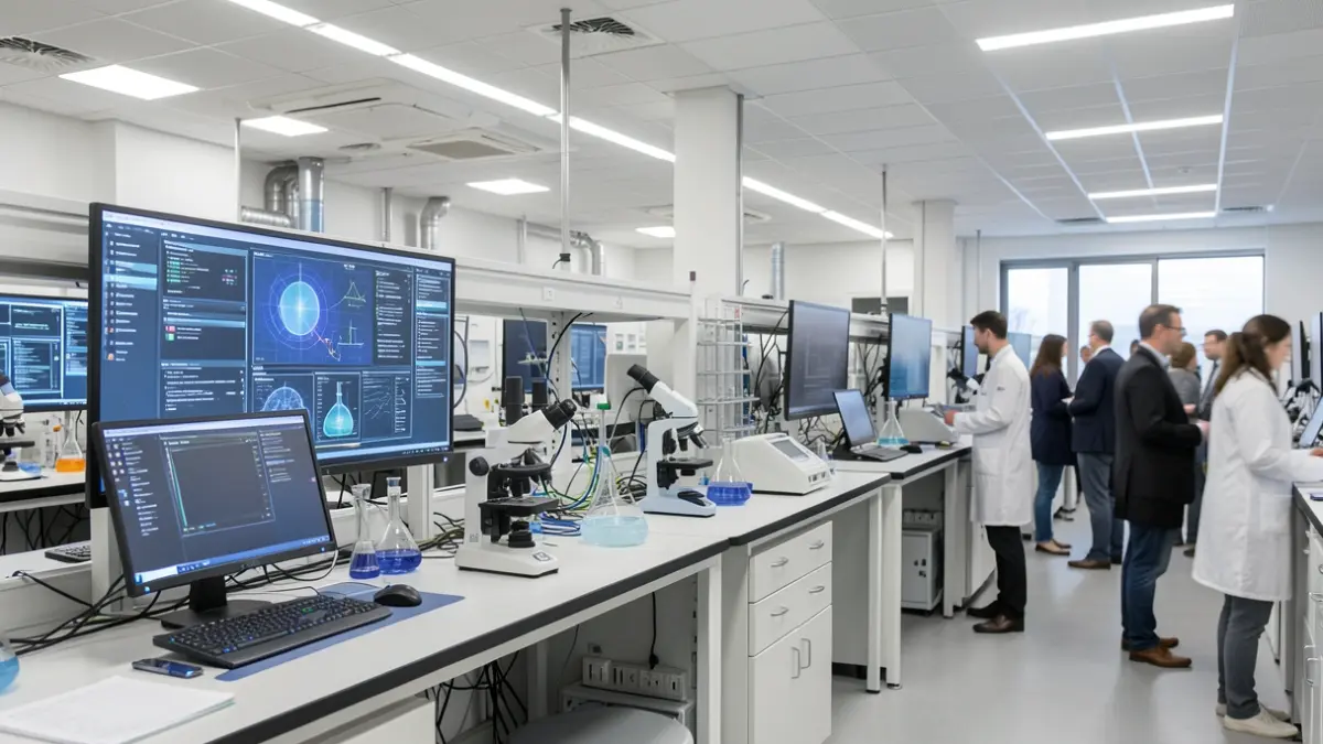 Generieke afbeelding van een modern universitair laboratorium met geavanceerde wetenschappelijke apparatuur en onderzoekers op de achtergrond.