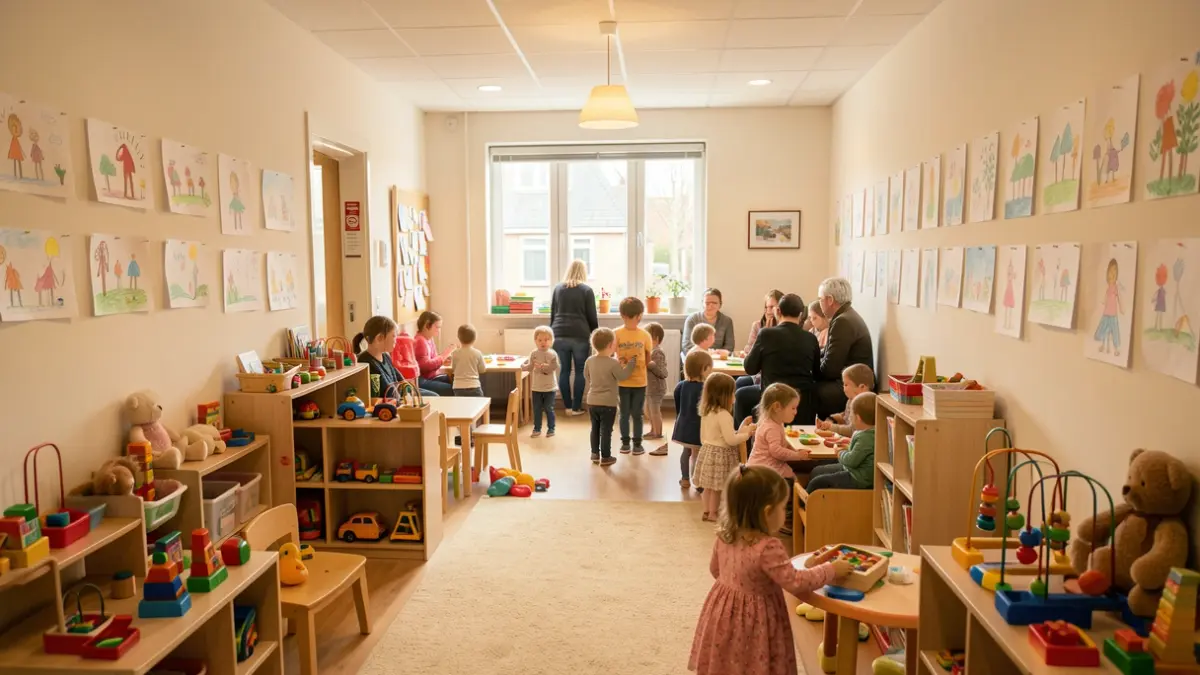Generic image of a childcare center in Flanders with toys and drawings.