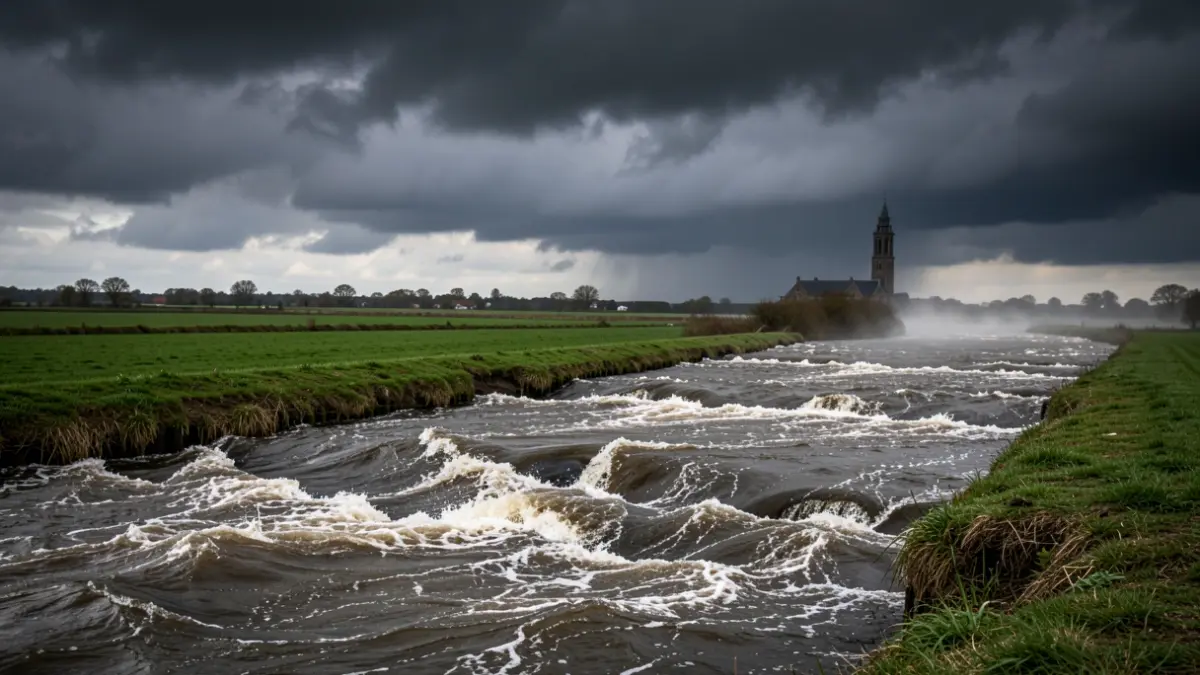 Generieke afbeelding van een dijk langs een rivier onder een donkere, stormachtige hemel. De situatie wordt nauwlettend gevolgd door de veiligheidsdiensten.