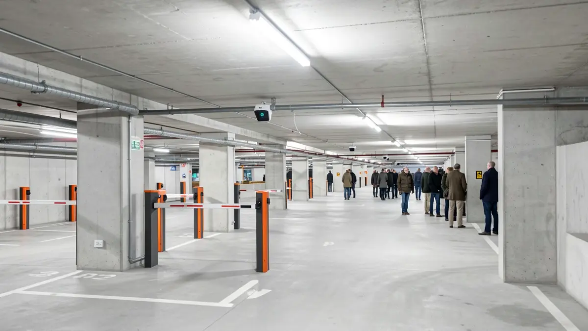 Generic image of a modern underground parking garage with license plate recognition, without specific details or people.